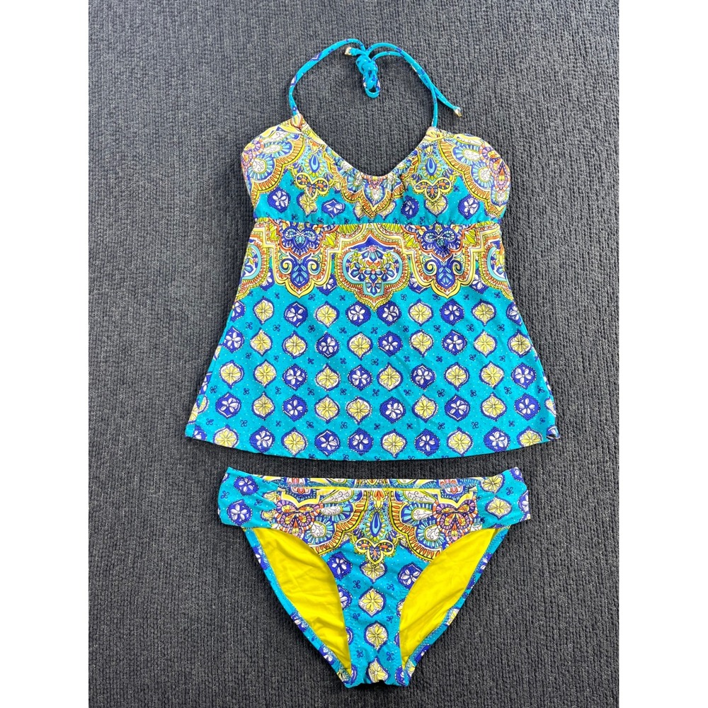 Trina Turk Womens Turquoise Yellow Paisley Tankini Swimsuit Set Size 8